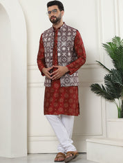 Men's Silk Blend Printed Maroon Kurta and Cream Pyjama With Embroidered Maroon Nehru Jacket