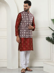 Men's Silk Blend Printed Maroon Kurta and Cream Pyjama With Embroidered Maroon Nehru Jacket