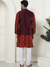 Men's Silk Blend Printed Maroon Kurta and Cream Pyjama With Embroidered Maroon Nehru Jacket