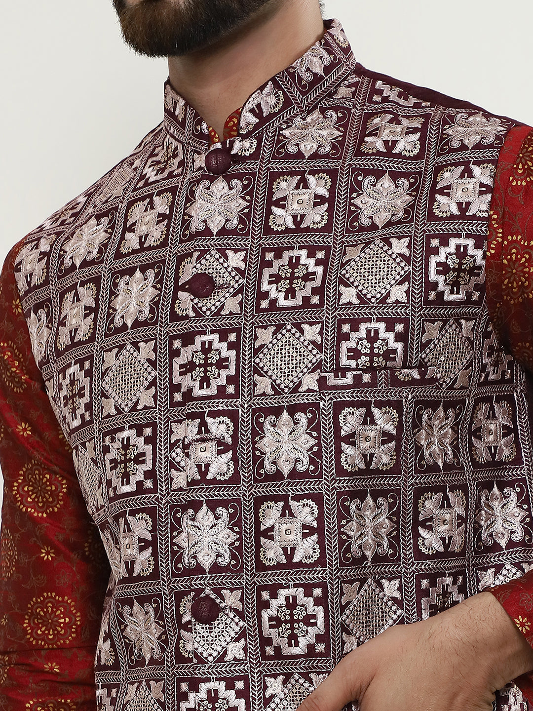 Men's Silk Blend Printed Maroon Kurta and Cream Pyjama With Embroidered Maroon Nehru Jacket