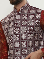 Men's Silk Blend Printed Maroon Kurta and Cream Pyjama With Embroidered Maroon Nehru Jacket