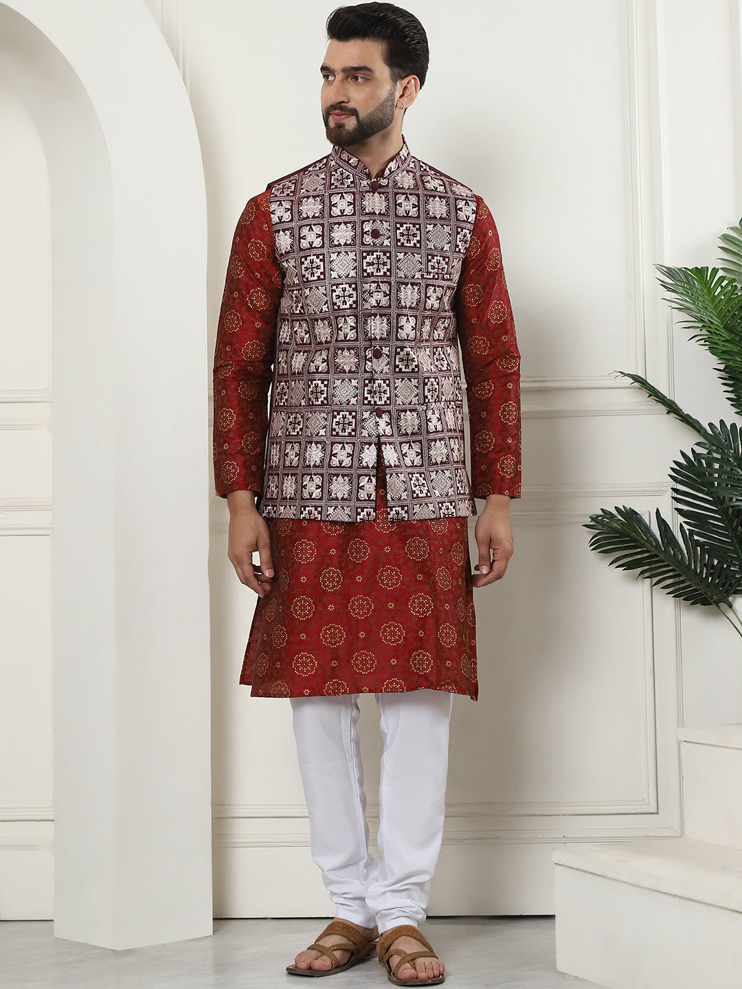 Men's Silk Blend Printed Maroon Kurta and Cream Pyjama With Embroidered Maroon Nehru Jacket