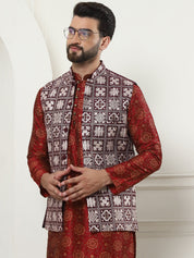 Men's Silk Blend Printed Maroon Kurta and Cream Pyjama With Embroidered Maroon Nehru Jacket