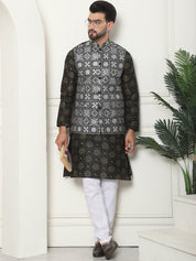 Men's Silk Printed Black Kurta and Cream Pyjama With Embroidered Black Nehru Jacket