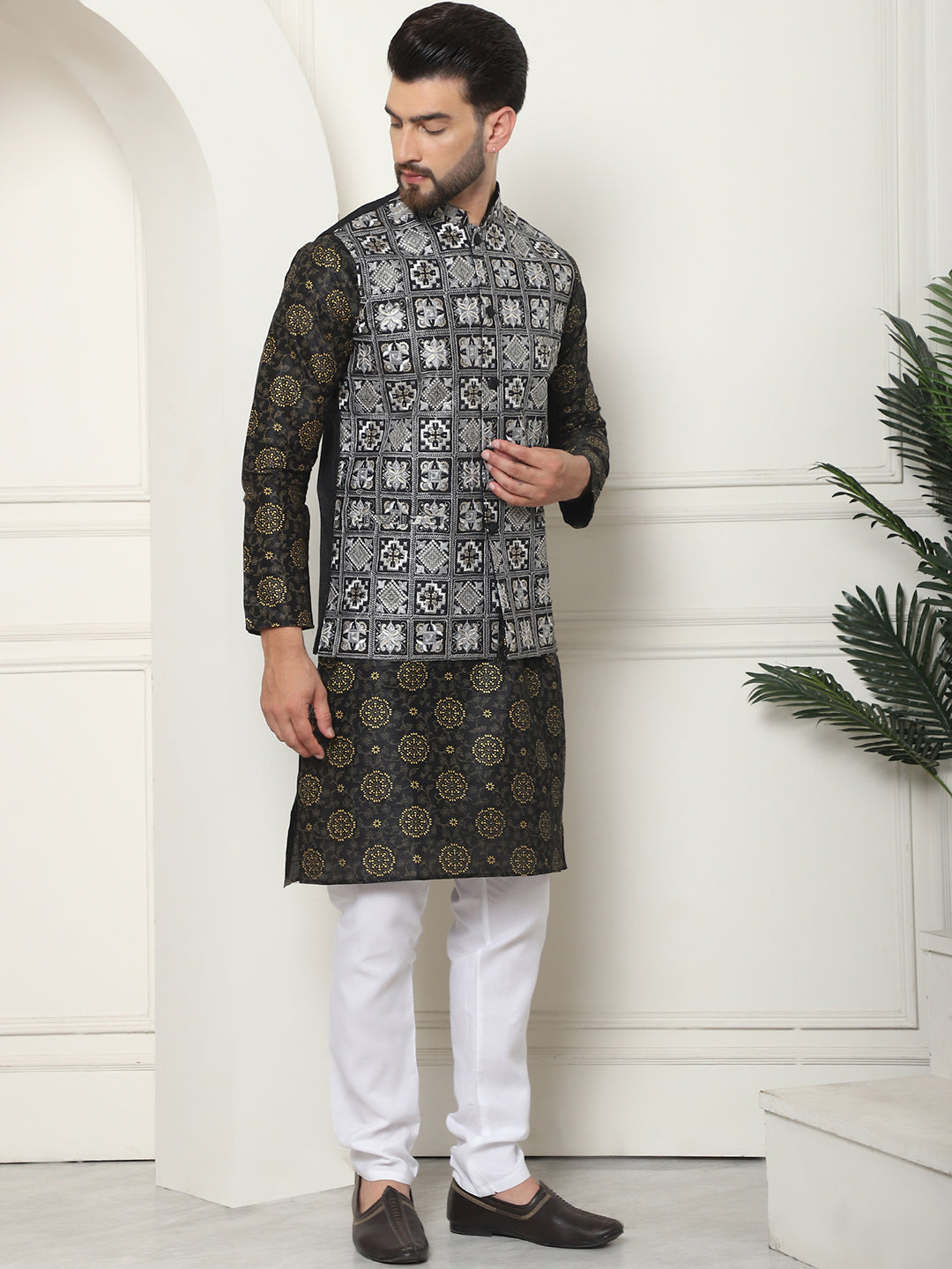 Men's Silk Printed Black Kurta and Cream Pyjama With Embroidered Black Nehru Jacket