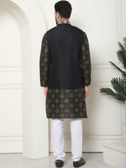 Men's Silk Printed Black Kurta and Cream Pyjama With Embroidered Black Nehru Jacket