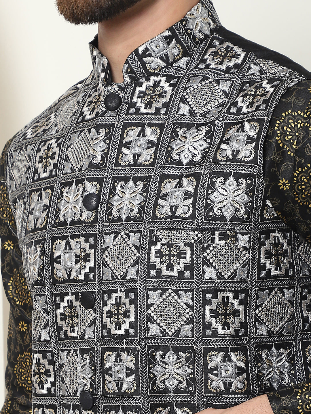 Men's Silk Printed Black Kurta and Cream Pyjama With Embroidered Black Nehru Jacket