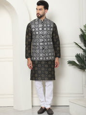 Men's Silk Printed Black Kurta and Cream Pyjama With Embroidered Black Nehru Jacket