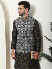 Men's Silk Printed Black Kurta and Cream Pyjama With Embroidered Black Nehru Jacket