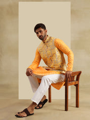 Men's Jacquard Silk Yellow Kurta & White Pyjama With Jacquard Silk Yellow Nehru Jacket