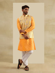 Men's Jacquard Silk Yellow Kurta & White Pyjama With Jacquard Silk Yellow Nehru Jacket