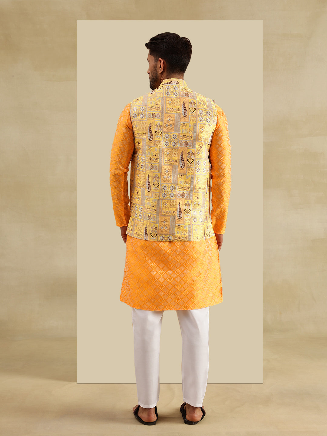 Men's Jacquard Silk Yellow Kurta & White Pyjama With Jacquard Silk Yellow Nehru Jacket