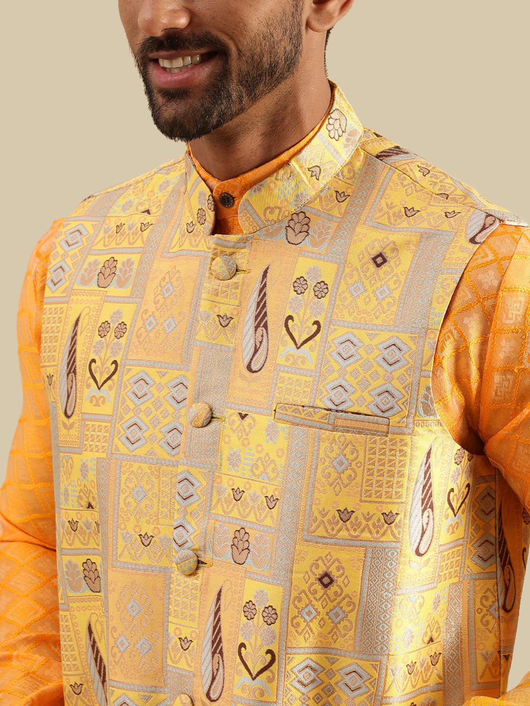 Men's Jacquard Silk Yellow Kurta & White Pyjama With Jacquard Silk Yellow Nehru Jacket
