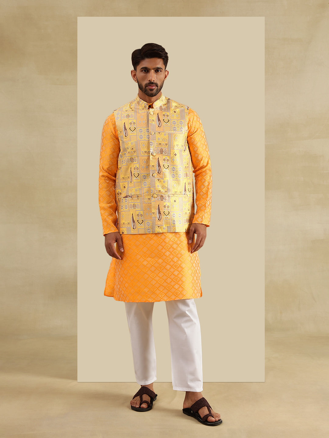 Men's Jacquard Silk Yellow Kurta & White Pyjama With Jacquard Silk Yellow Nehru Jacket