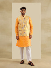 Men's Jacquard Silk Yellow Kurta & White Pyjama With Jacquard Silk Yellow Nehru Jacket