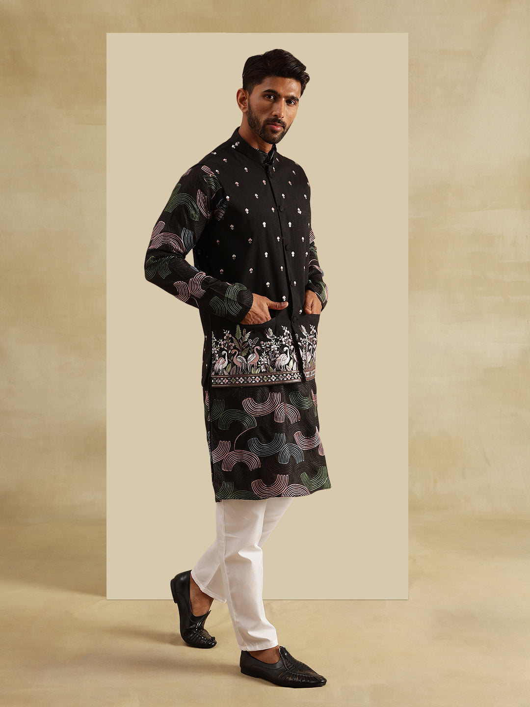 Men's Cotton Silk Black Kurta and White Pyjama With Daman Embroidered Black Nehru Jacket