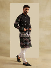 Men's Cotton Silk Black Kurta and White Pyjama With Daman Embroidered Black Nehru Jacket