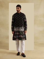 Men's Cotton Silk Black Kurta and White Pyjama With Daman Embroidered Black Nehru Jacket