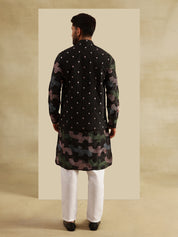 Men's Cotton Silk Black Kurta and White Pyjama With Daman Embroidered Black Nehru Jacket