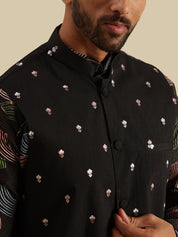 Men's Cotton Silk Black Kurta and White Pyjama With Daman Embroidered Black Nehru Jacket