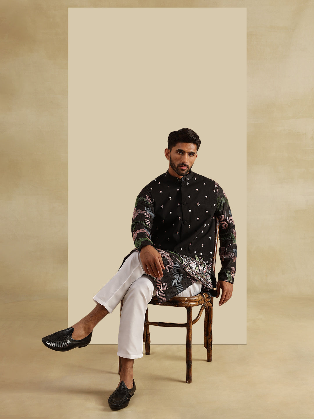 Men's Cotton Silk Black Kurta and White Pyjama With Daman Embroidered Black Nehru Jacket