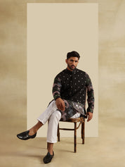 Men's Cotton Silk Black Kurta and White Pyjama With Daman Embroidered Black Nehru Jacket