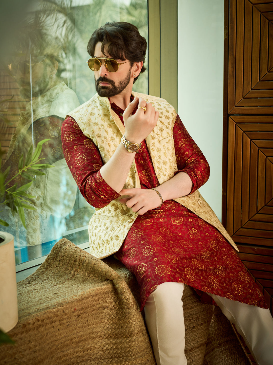 Men's Silk Blend Maroon Kurta Pyjama & Beige Embroiderd Nehrujacket