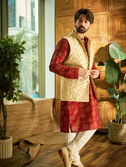 Men's Silk Blend Maroon Kurta Pyjama & Beige Embroiderd Nehrujacket