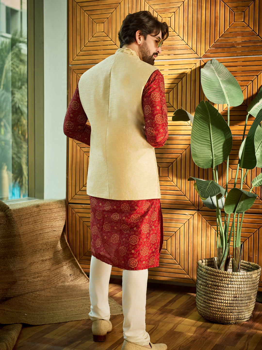 Men's Silk Blend Maroon Kurta Pyjama & Beige Embroiderd Nehrujacket