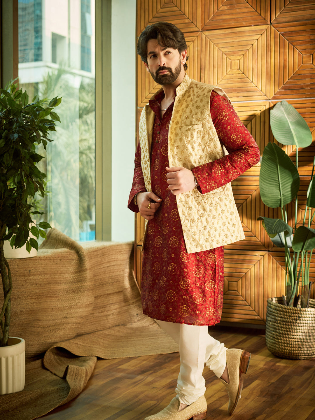 Men's Silk Blend Maroon Kurta Pyjama & Beige Embroiderd Nehrujacket