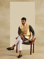 Men's Silk Blend Black Kurta & White Pyjama With Jacquard Silk Yellow Nehru Jacket
