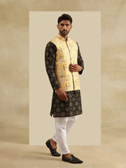 Men's Silk Blend Black Kurta & White Pyjama With Jacquard Silk Yellow Nehru Jacket