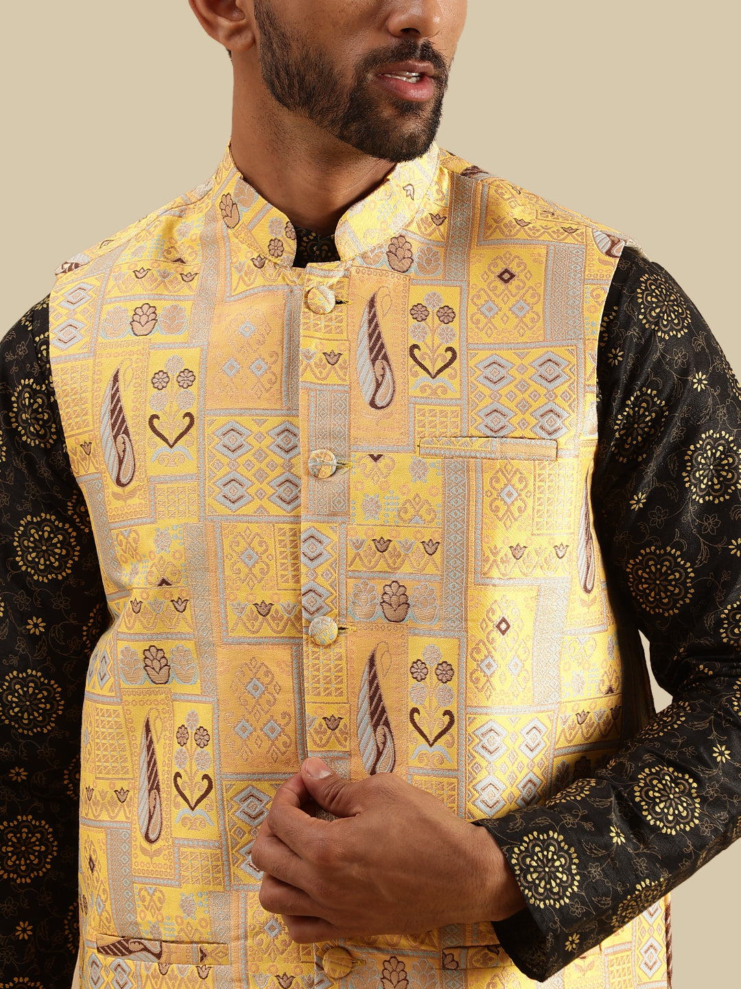 Men's Silk Blend Black Kurta & White Pyjama With Jacquard Silk Yellow Nehru Jacket