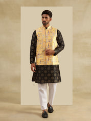Men's Silk Blend Black Kurta & White Pyjama With Jacquard Silk Yellow Nehru Jacket
