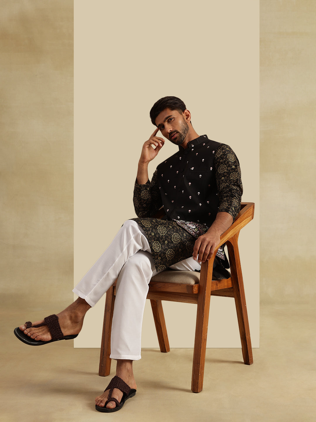 Men's Silk Blend Black Kurta and White Pyjama With Daman Embroidered Black Nehru Jacket