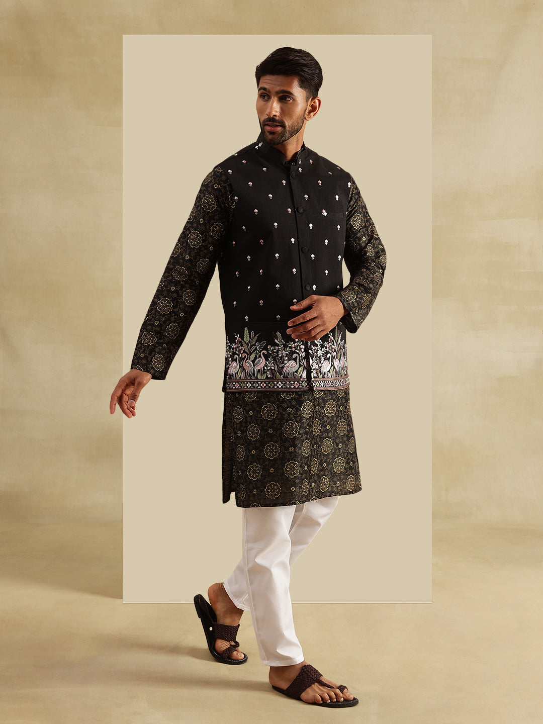 Men's Silk Blend Black Kurta and White Pyjama With Daman Embroidered Black Nehru Jacket
