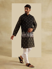 Men's Silk Blend Black Kurta and White Pyjama With Daman Embroidered Black Nehru Jacket