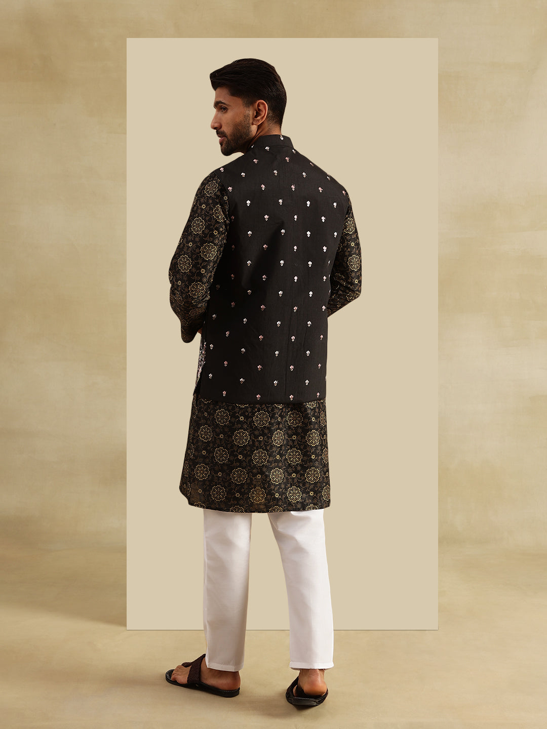 Men's Silk Blend Black Kurta and White Pyjama With Daman Embroidered Black Nehru Jacket