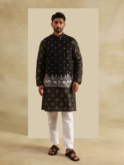 Men's Silk Blend Black Kurta and White Pyjama With Daman Embroidered Black Nehru Jacket