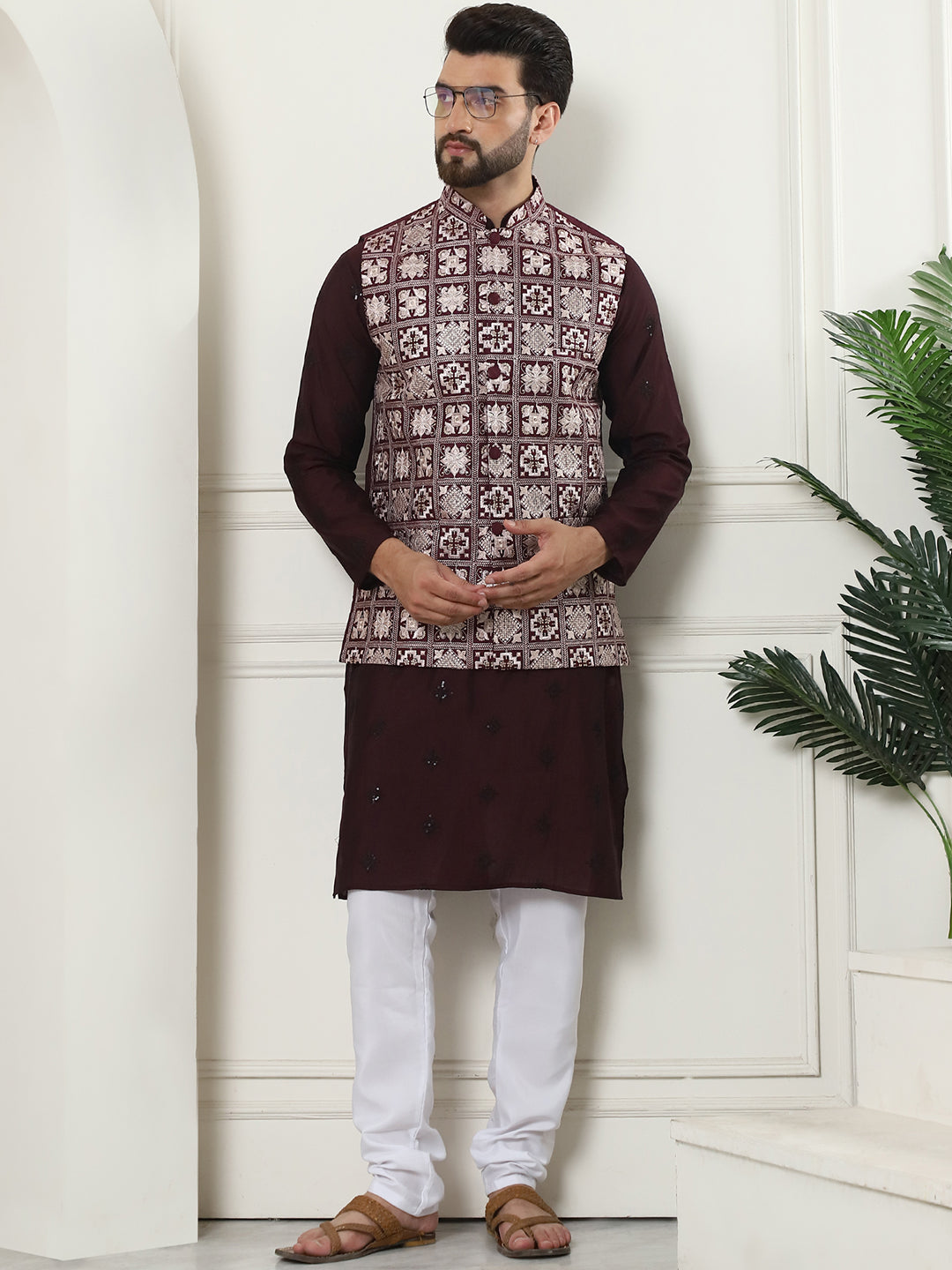 Men's Cotton Silk Wine Kurta and White Pyjama With Embroidered Maroon Nehru Jacket Set