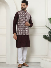 Men's Cotton Silk Wine Kurta and White Pyjama With Embroidered Maroon Nehru Jacket Set