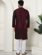 Men's Cotton Silk Wine Kurta and White Pyjama With Embroidered Maroon Nehru Jacket Set