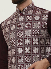 Men's Cotton Silk Wine Kurta and White Pyjama With Embroidered Maroon Nehru Jacket Set