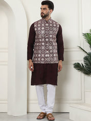 Men's Cotton Silk Wine Kurta and White Pyjama With Embroidered Maroon Nehru Jacket Set