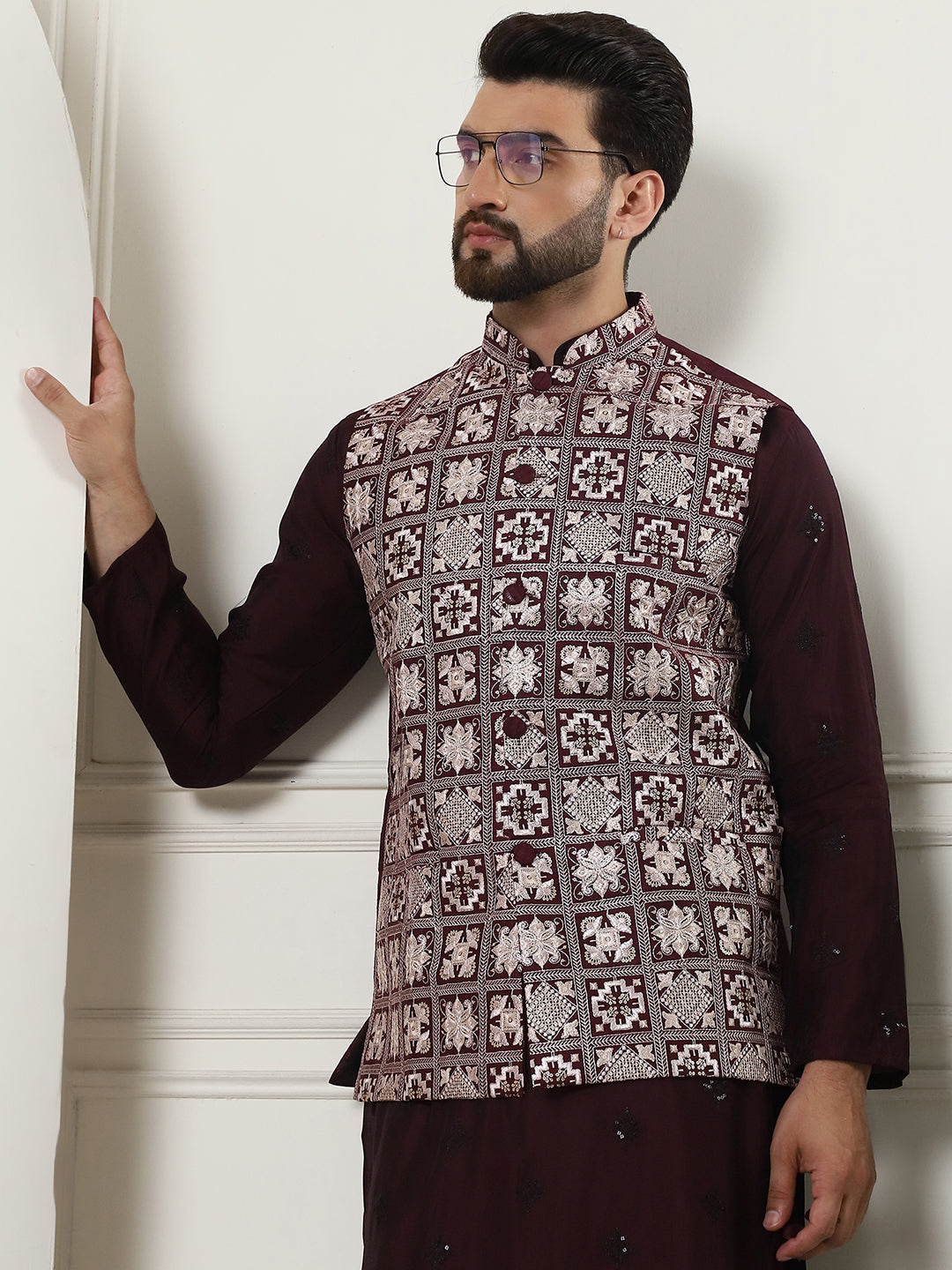 Men's Cotton Silk Wine Kurta and White Pyjama With Embroidered Maroon Nehru Jacket Set