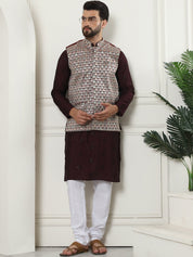 Men's Cotton Silk Wine Kurta and White Pyjama With Designer Maroon Nehru Jacket Set