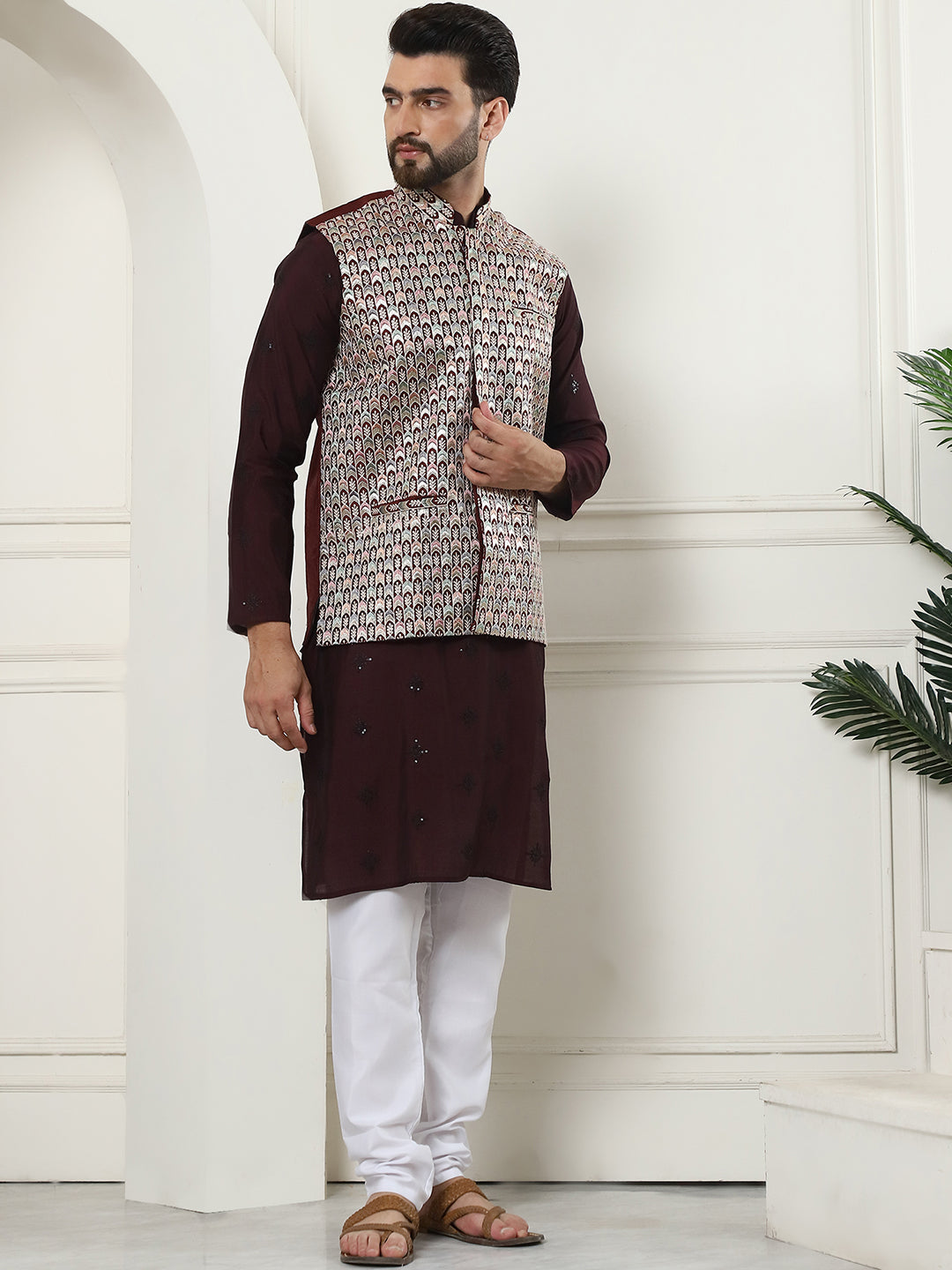 Men's Cotton Silk Wine Kurta and White Pyjama With Designer Maroon Nehru Jacket Set