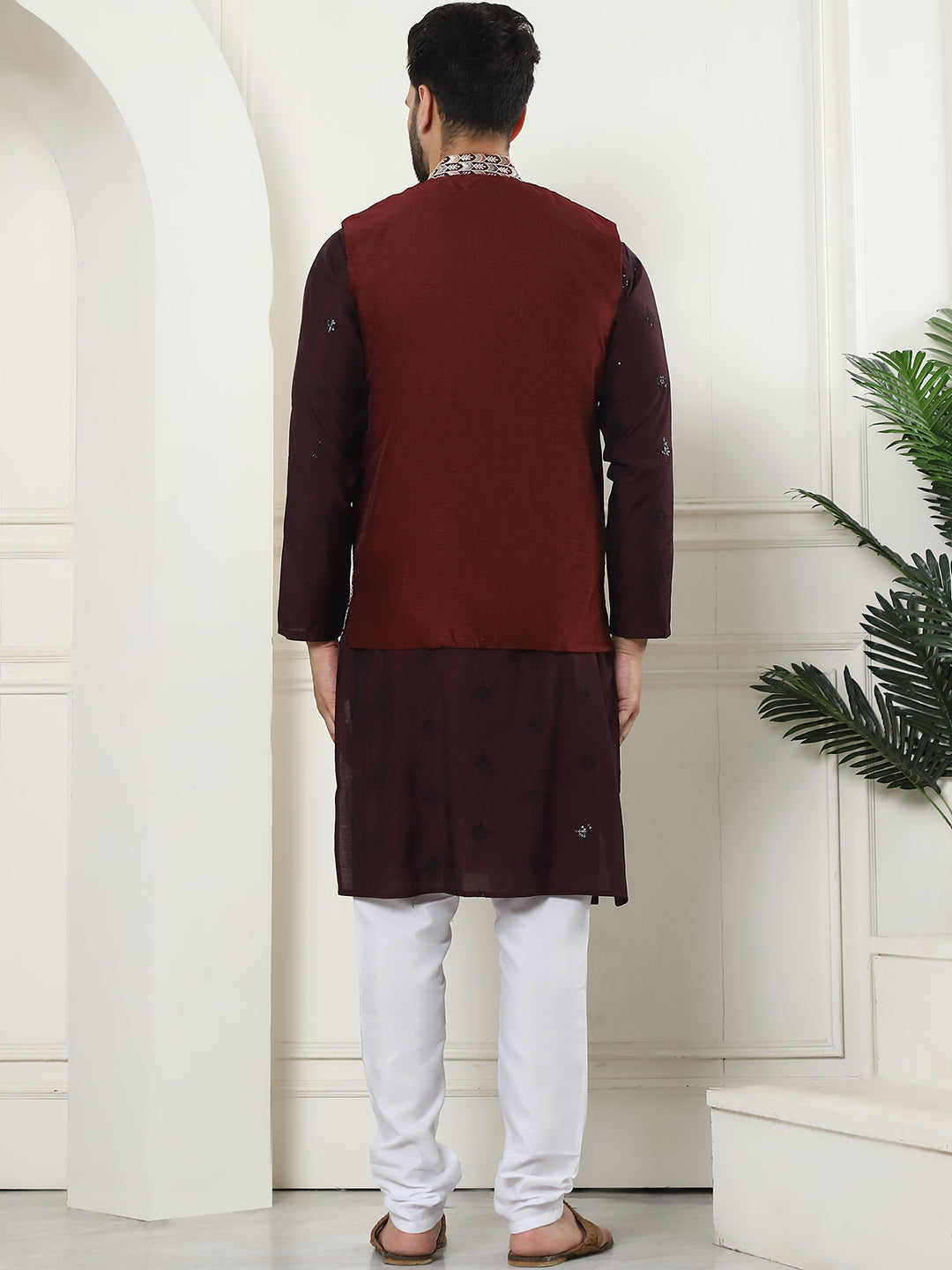 Men's Cotton Silk Wine Kurta and White Pyjama With Designer Maroon Nehru Jacket Set