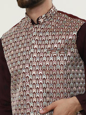 Men's Cotton Silk Wine Kurta and White Pyjama With Designer Maroon Nehru Jacket Set