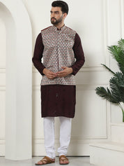 Men's Cotton Silk Wine Kurta and White Pyjama With Designer Maroon Nehru Jacket Set